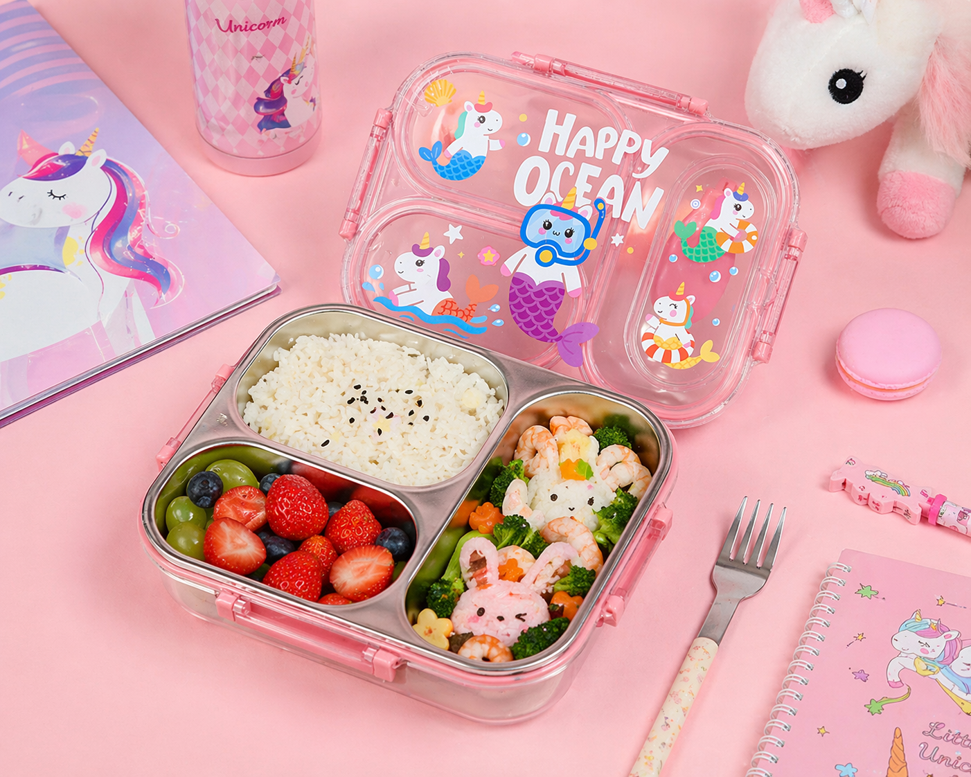 3 Compartment Kids Lunch Box | Leakproof Stainless Steel Bento Box with Cute Cartoon Design | School Tiffin Box for Kids