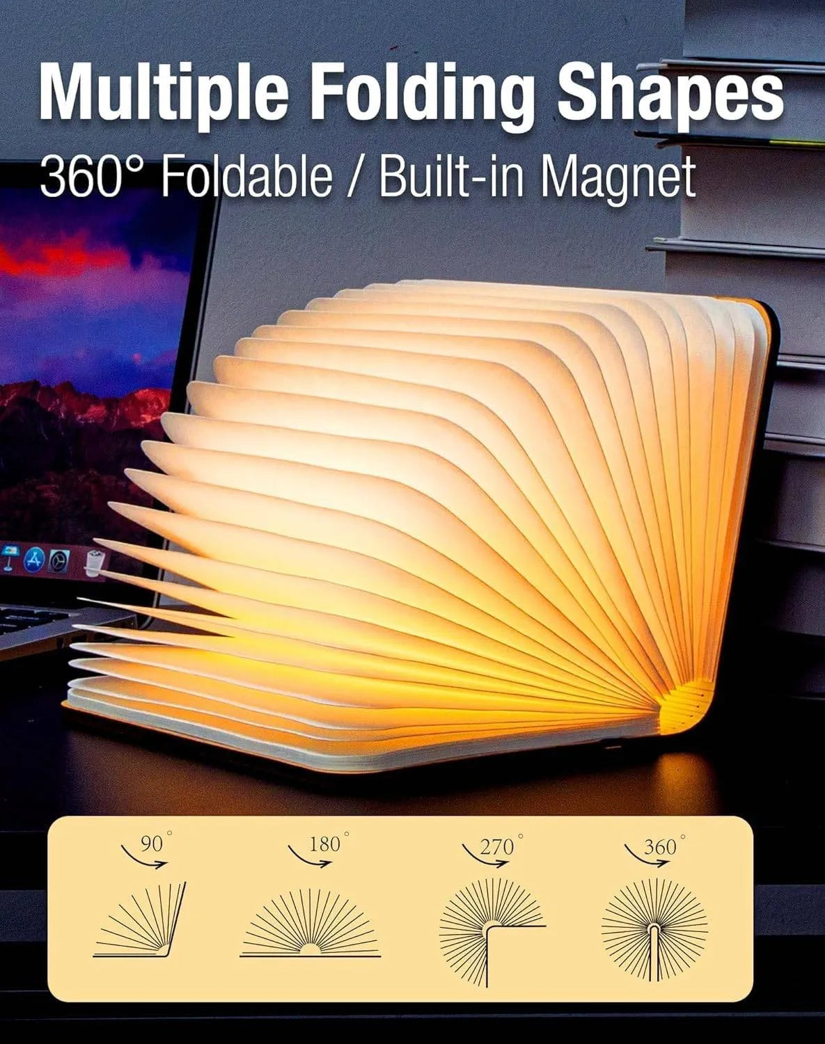 Foldable LED Book Lamp | Aesthetic Wooden Night Light | Rechargeable 360° Magnetic Desk Lamp