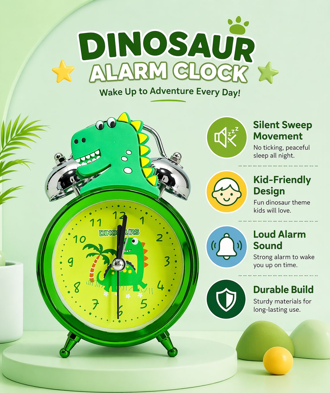 Kids Cartoon Alarm Clock with Loud Bell (Dinasaur)