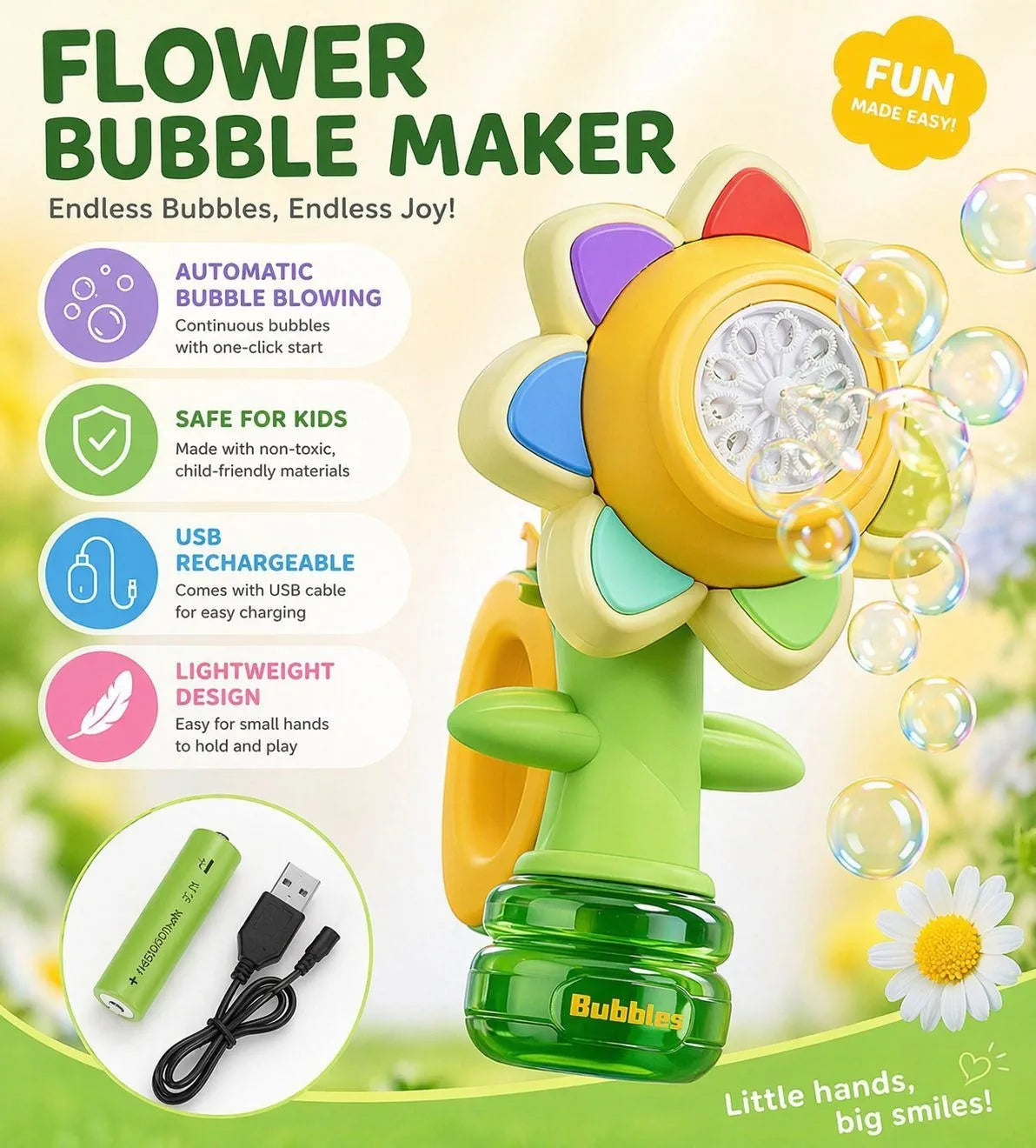 Flower Bubble Maker for Kids | Electric Automatic Bubble Blower Toy | USB Rechargeable | Lightweight & Safe | Outdoor Summer Toy for Boys & Girls