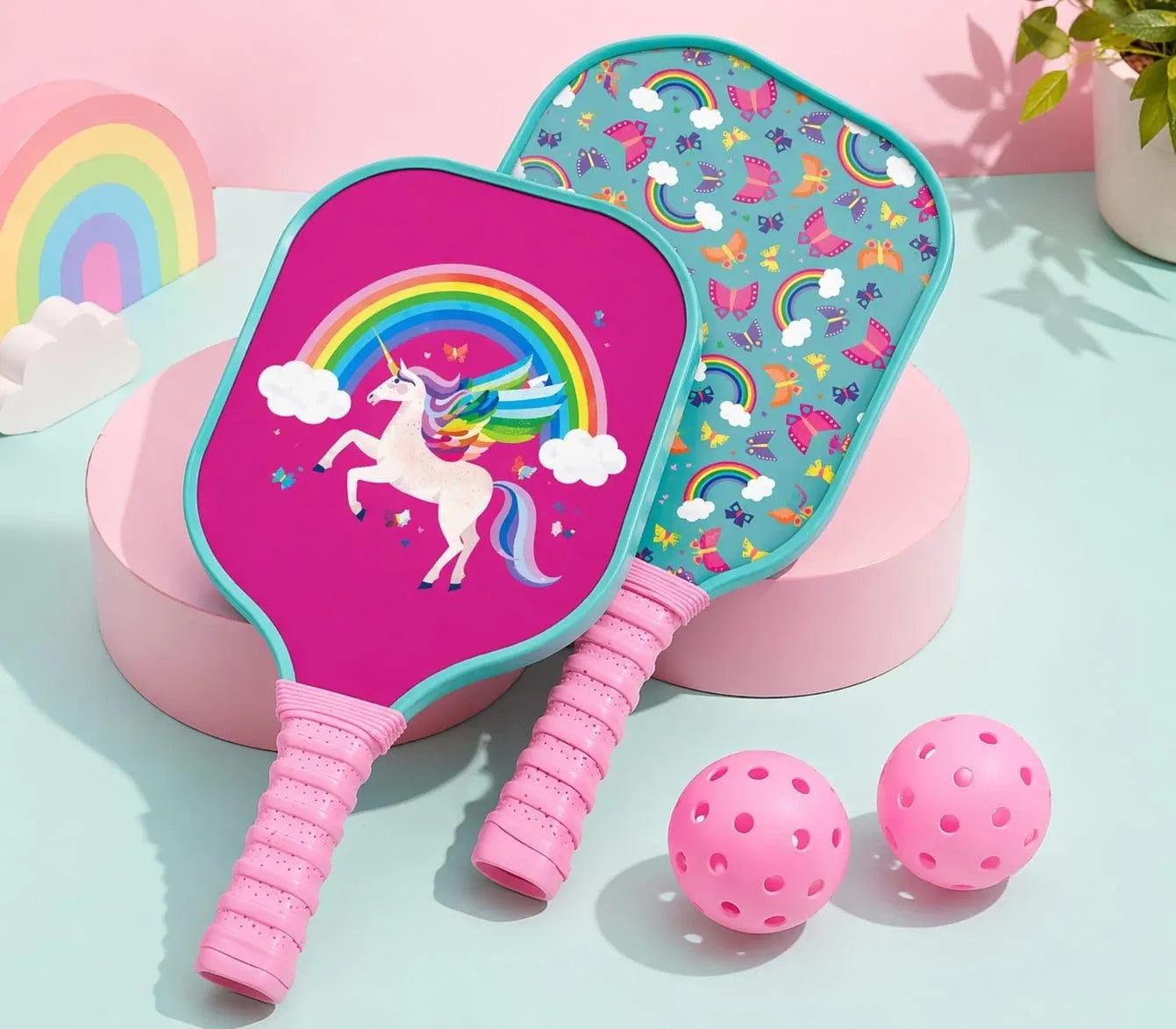 WoohooKids Kids Pickleball Set (6+ Years) – Dinosaur & Unicorn Paddle Options, Lightweight Easy Grip Racket with 2 Balls, Outdoor Sports Game for Boys & Girls