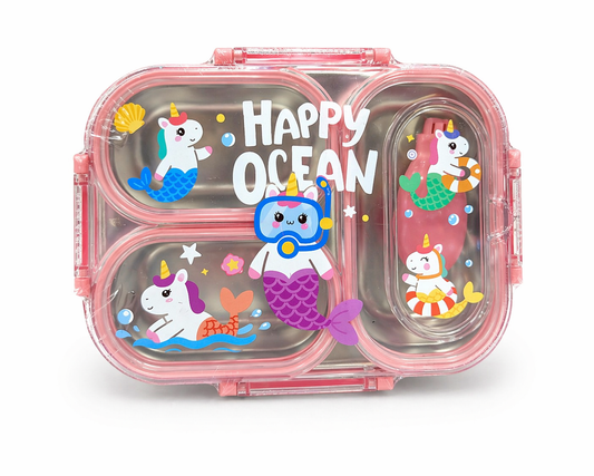 3 Compartment Kids Lunch Box | Leakproof Stainless Steel Bento Box with Cute Cartoon Design | School Tiffin Box for Kids