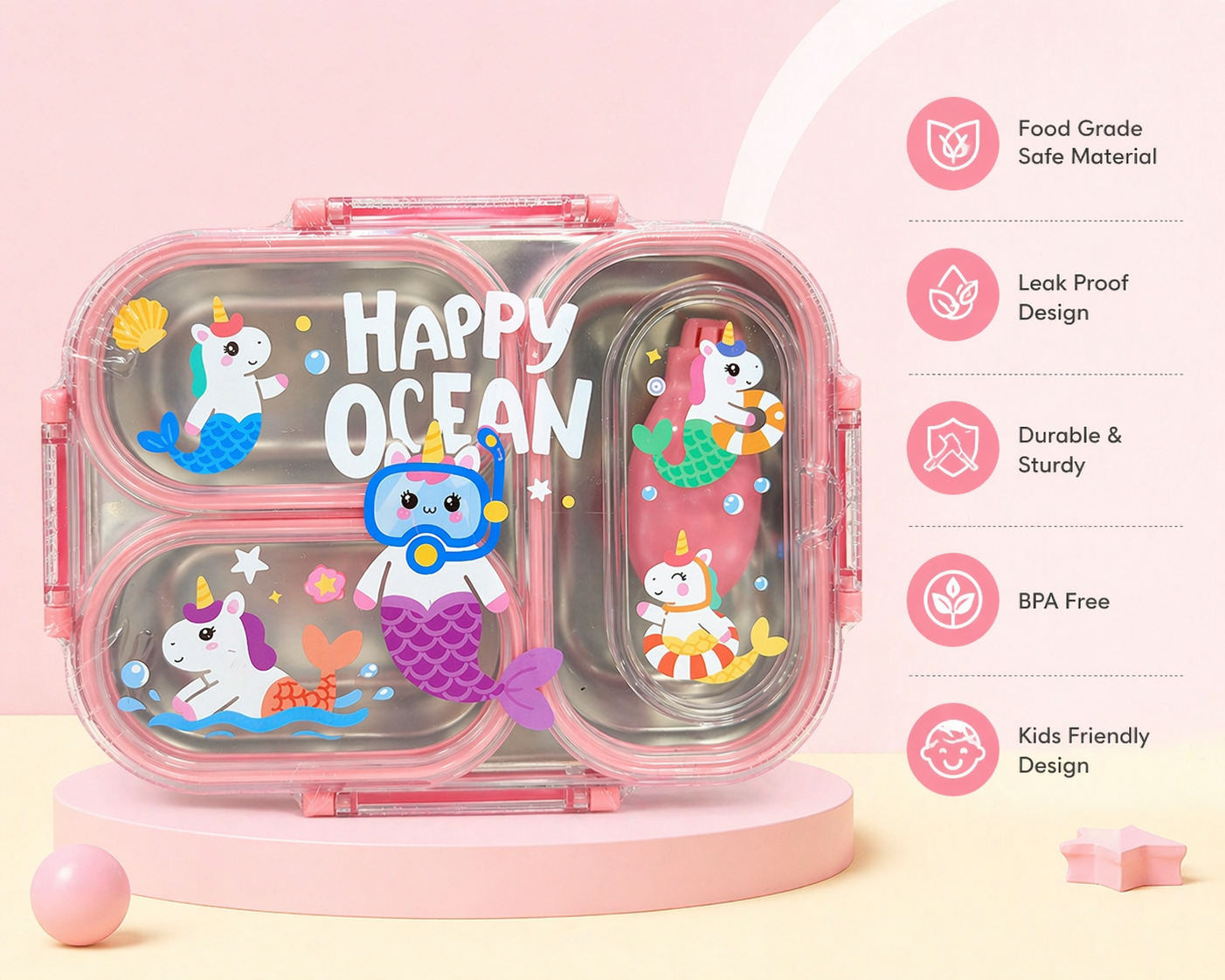 3 Compartment Kids Lunch Box | Leakproof Stainless Steel Bento Box with Cute Cartoon Design | School Tiffin Box for Kids