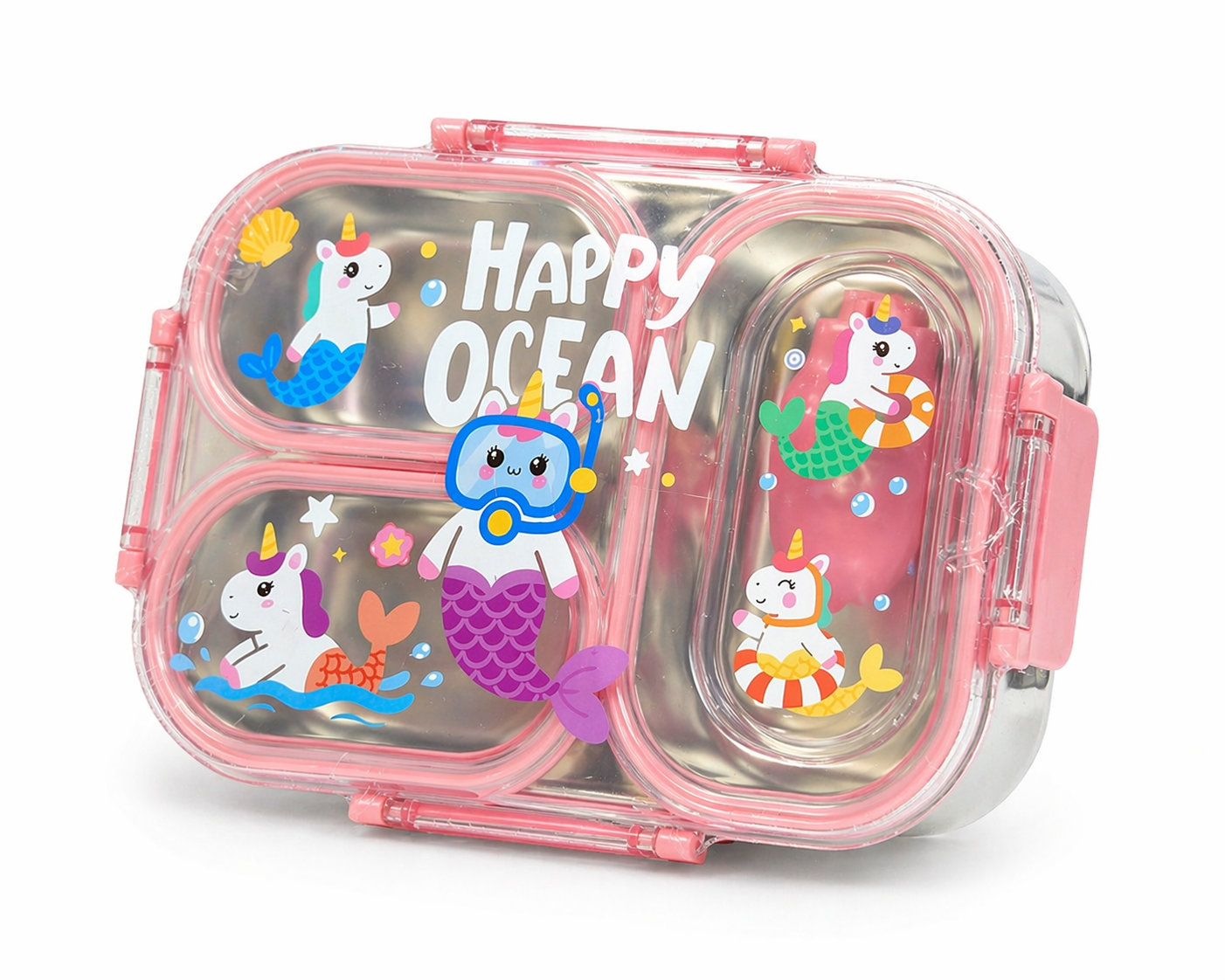 3 Compartment Kids Lunch Box | Leakproof Stainless Steel Bento Box with Cute Cartoon Design | School Tiffin Box for Kids