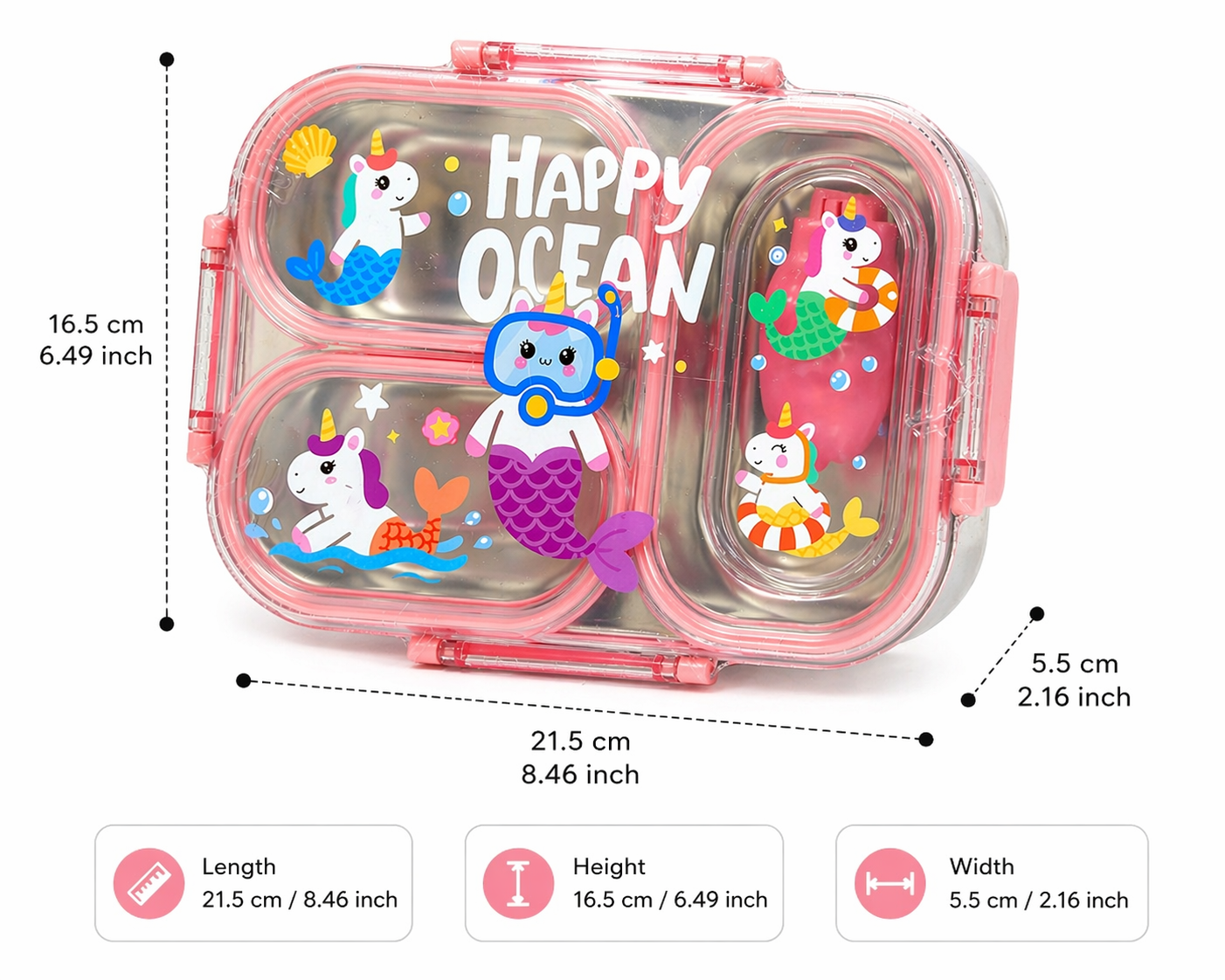3 Compartment Kids Lunch Box | Leakproof Stainless Steel Bento Box with Cute Cartoon Design | School Tiffin Box for Kids