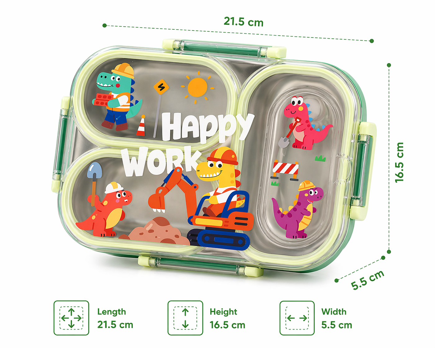 3 Compartment Kids Lunch Box | Leakproof Stainless Steel Bento Box with Cute Cartoon Design | School Tiffin Box for Kids