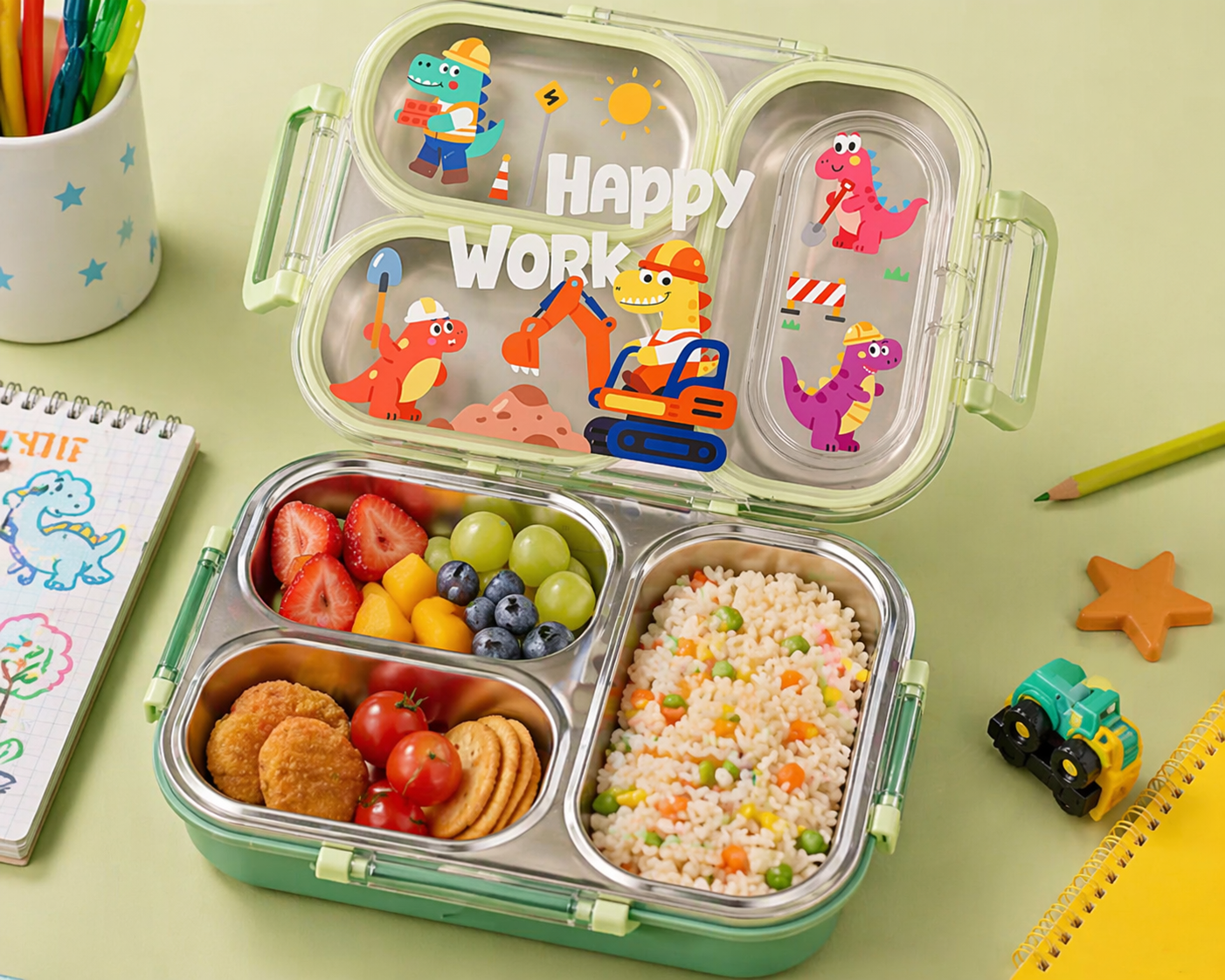 3 Compartment Kids Lunch Box | Leakproof Stainless Steel Bento Box with Cute Cartoon Design | School Tiffin Box for Kids