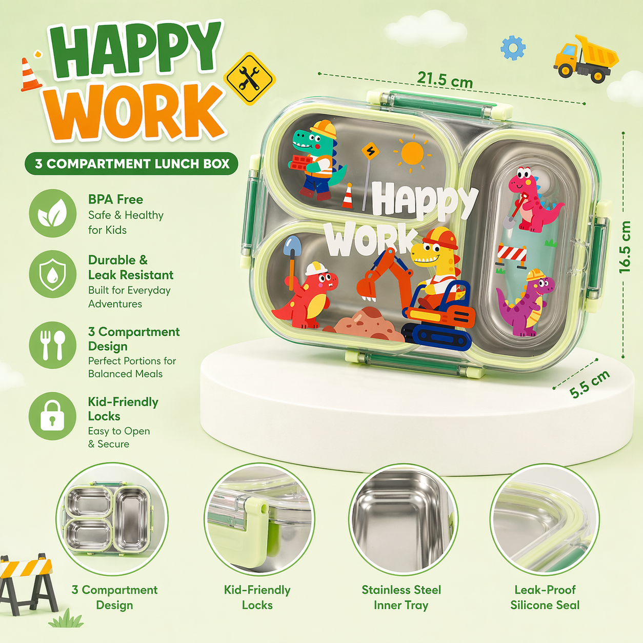 3 Compartment Kids Lunch Box | Leakproof Stainless Steel Bento Box with Cute Cartoon Design | School Tiffin Box for Kids