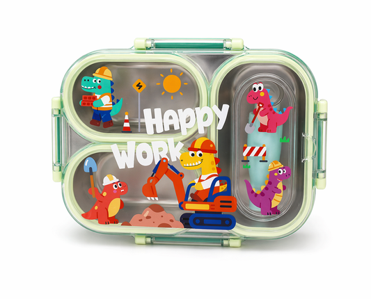 3 Compartment Kids Lunch Box | Leakproof Stainless Steel Bento Box with Cute Cartoon Design | School Tiffin Box for Kids