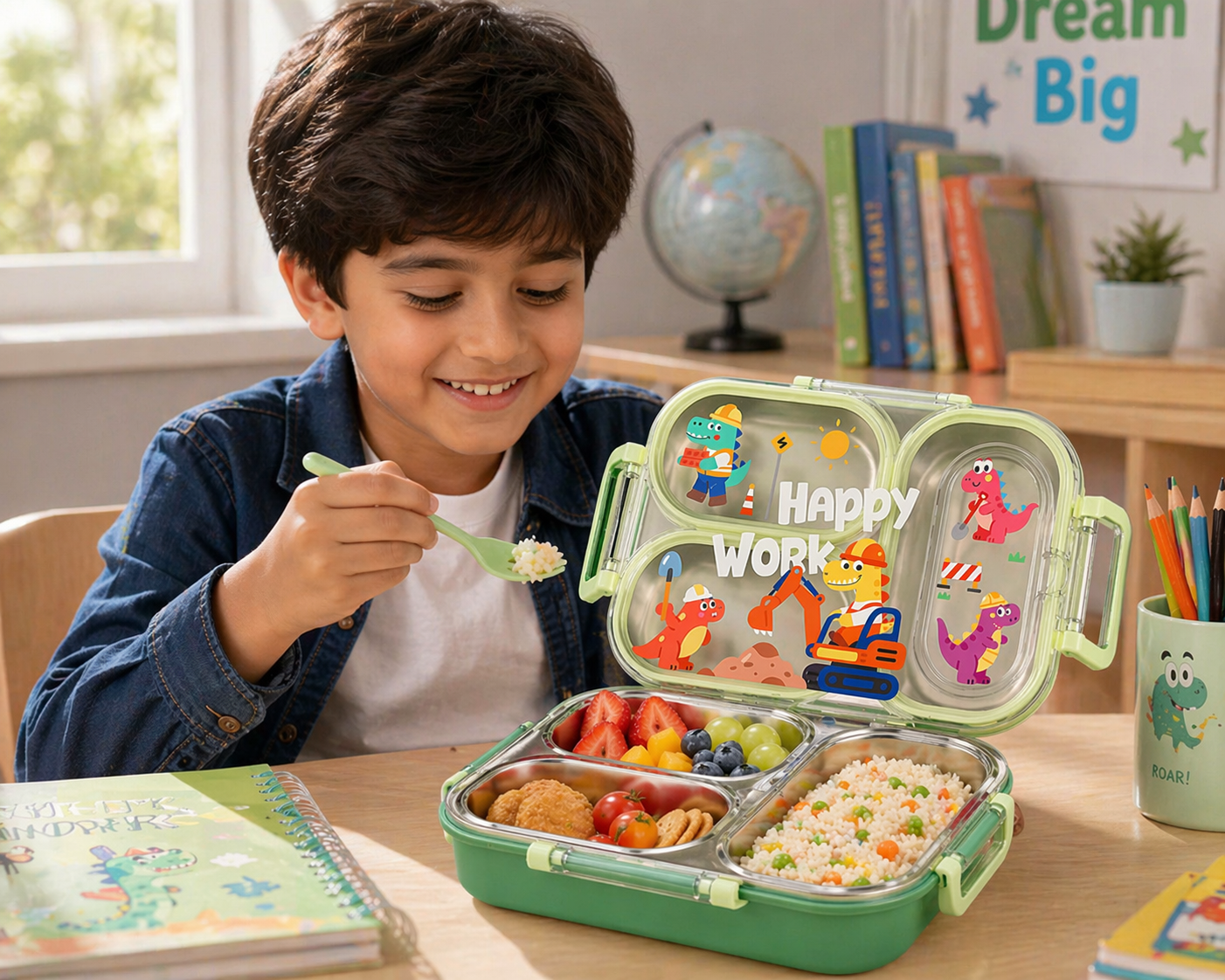 3 Compartment Kids Lunch Box | Leakproof Stainless Steel Bento Box with Cute Cartoon Design | School Tiffin Box for Kids