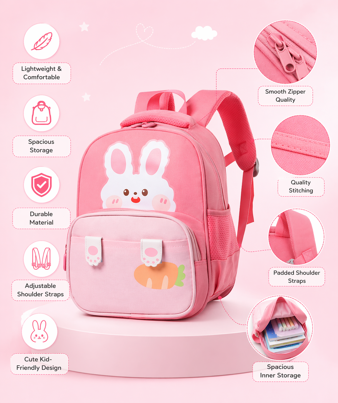 Cute Animal Kids Backpack | Bear & Bunny School Bag for Toddlers | Lightweight, Waterproof & Comfortable (Ages 2–6 Years) - Pink