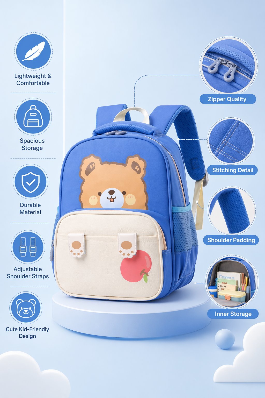 Cute Animal Kids Backpack | Bear & Bunny School Bag for Toddlers | Lightweight, Waterproof & Comfortable (Ages 2–6 Years) - Blue