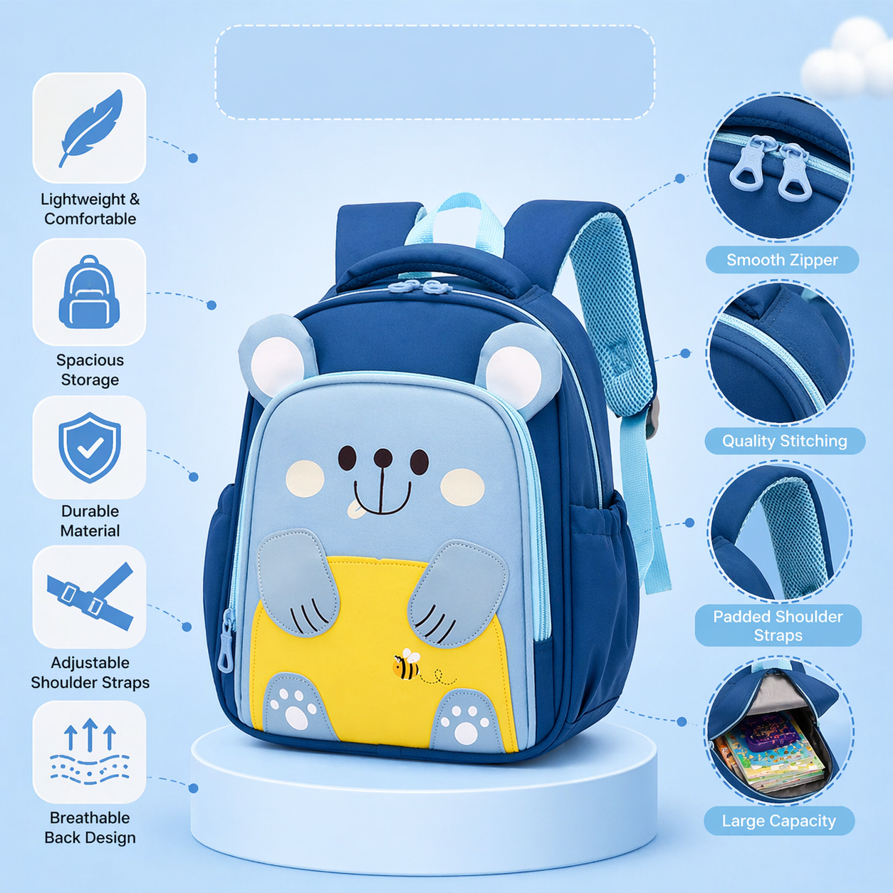 Cute Bear Kids Backpack | Lightweight School Bag for Toddlers | Waterproof & Comfortable (Ages 2–6 Years) - Blue