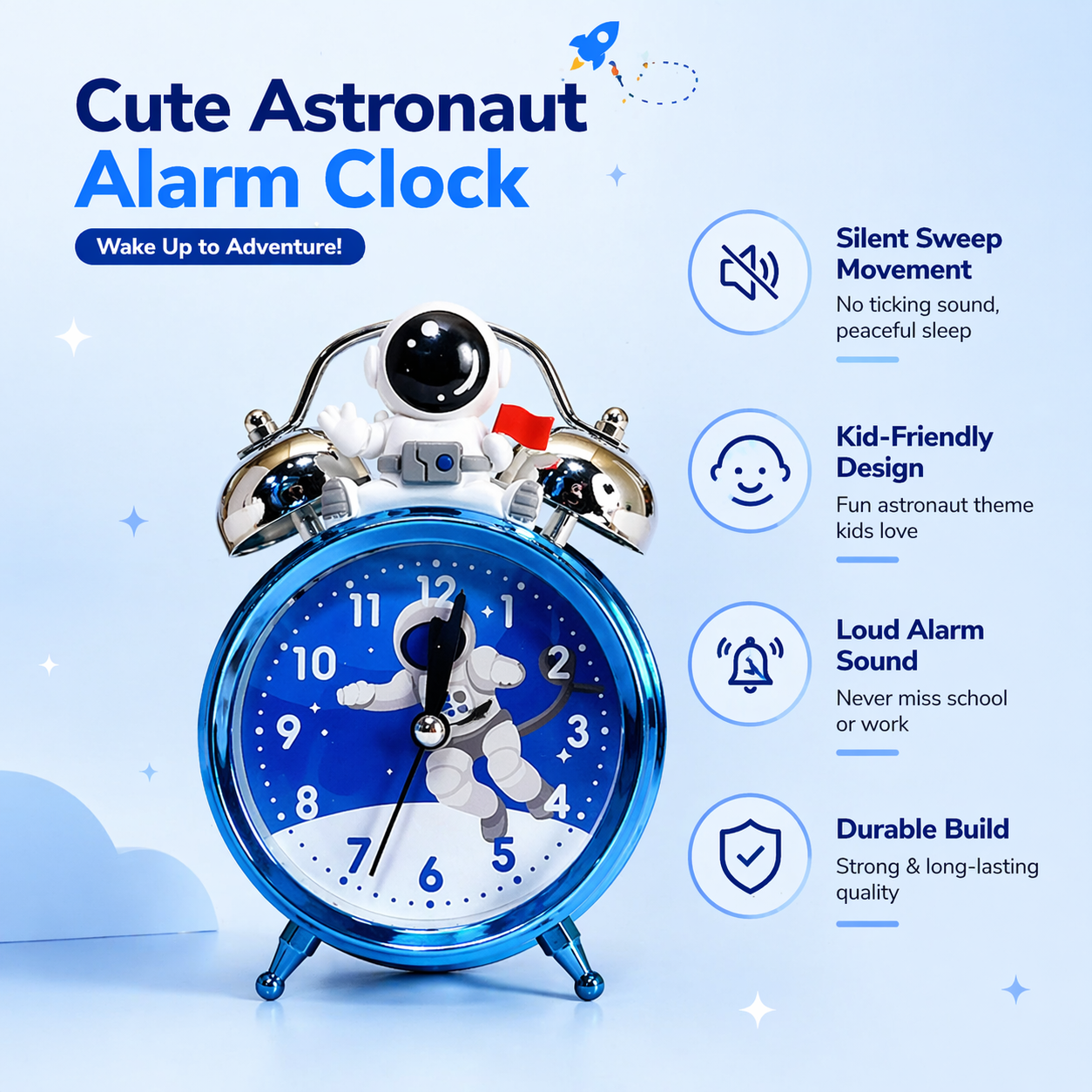 Kids Cartoon Alarm Clock with Loud Bell (Astronaut)