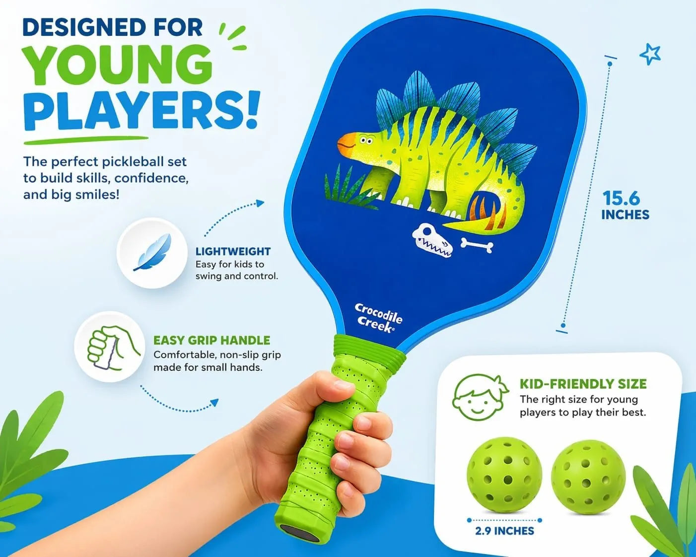 WoohooKids Kids Pickleball Set (6+ Years) – Dinosaur & Unicorn Paddle Options, Lightweight Easy Grip Racket with 2 Balls, Outdoor Sports Game for Boys & Girls