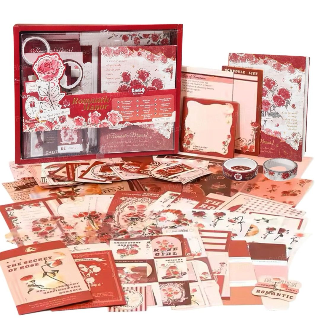 Vintage Scrapbook Kit (163 PCS) | Aesthetic DIY Journaling & Craft Set with Stickers, Papers & Washi Tapes | Romantic Theme Gift Box