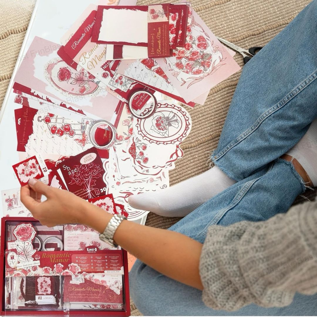 Vintage Scrapbook Kit (163 PCS) | Aesthetic DIY Journaling & Craft Set with Stickers, Papers & Washi Tapes | Romantic Theme Gift Box