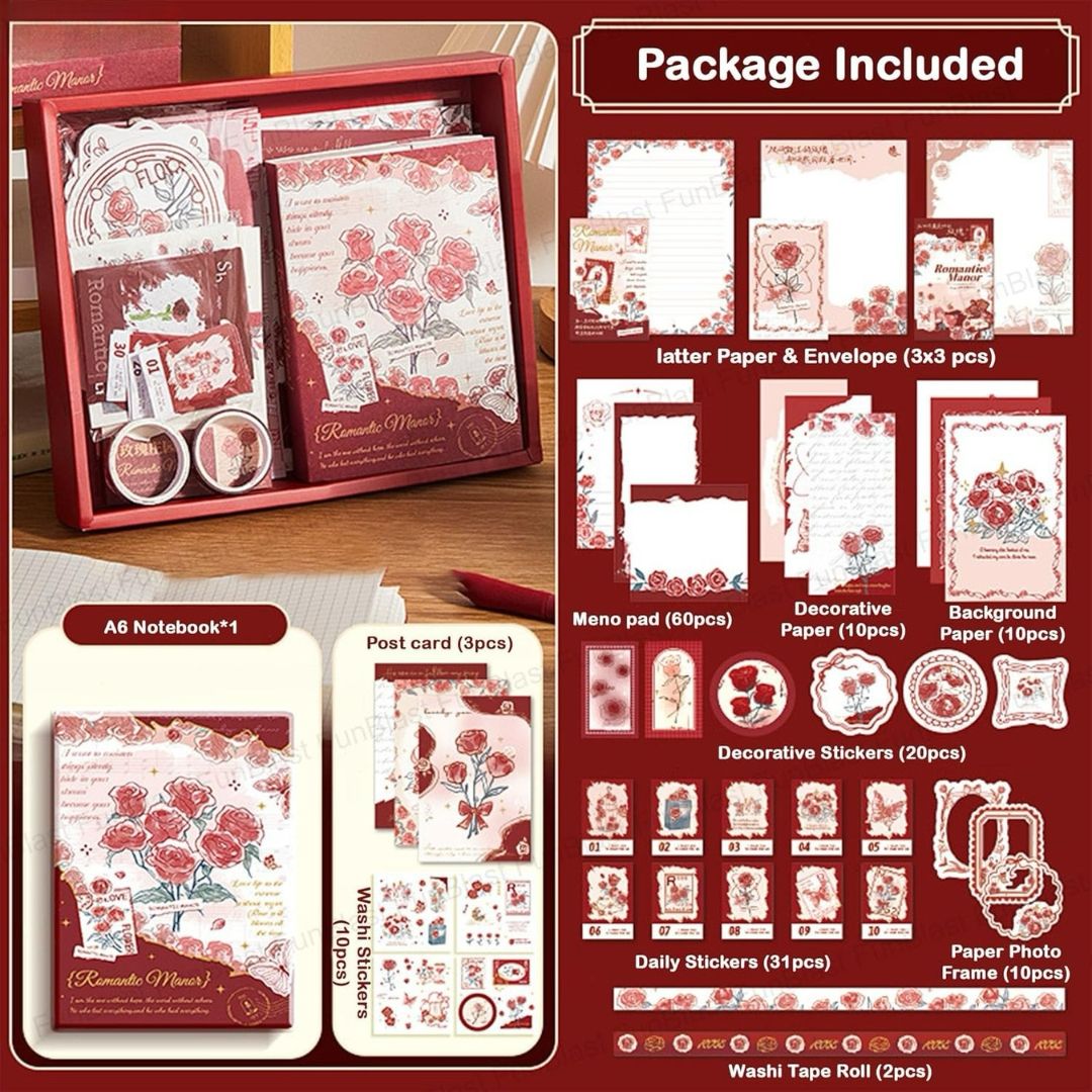 Vintage Scrapbook Kit (163 PCS) | Aesthetic DIY Journaling & Craft Set with Stickers, Papers & Washi Tapes | Romantic Theme Gift Box