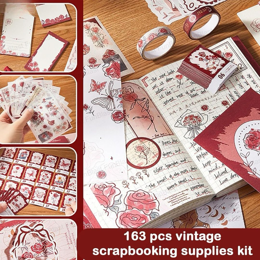 Vintage Scrapbook Kit (163 PCS) | Aesthetic DIY Journaling & Craft Set with Stickers, Papers & Washi Tapes | Romantic Theme Gift Box