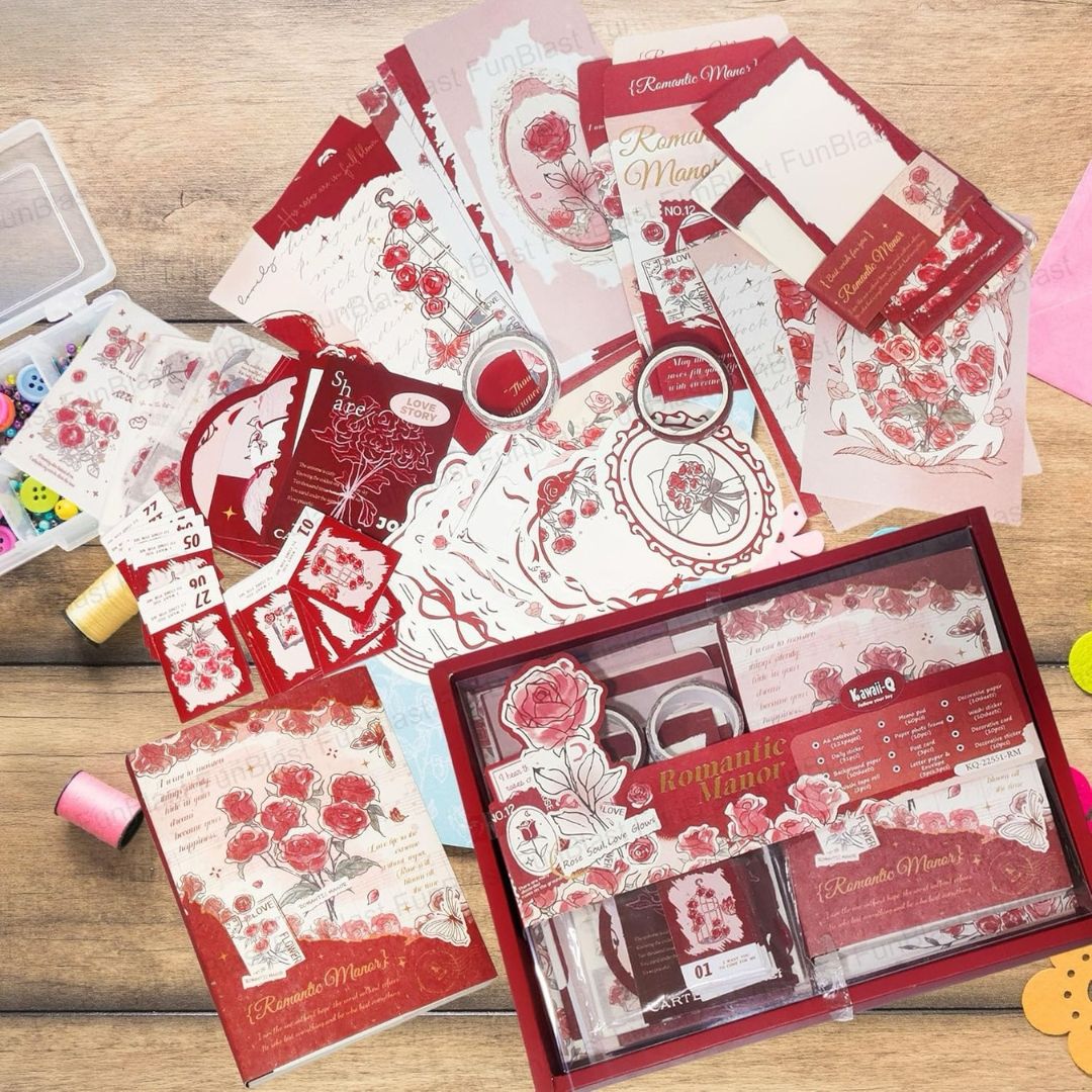 Vintage Scrapbook Kit (163 PCS) | Aesthetic DIY Journaling & Craft Set with Stickers, Papers & Washi Tapes | Romantic Theme Gift Box