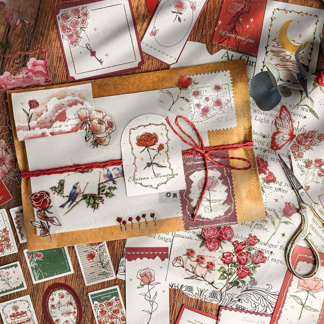 Vintage Scrapbook Kit (163 PCS) | Aesthetic DIY Journaling & Craft Set with Stickers, Papers & Washi Tapes | Romantic Theme Gift Box