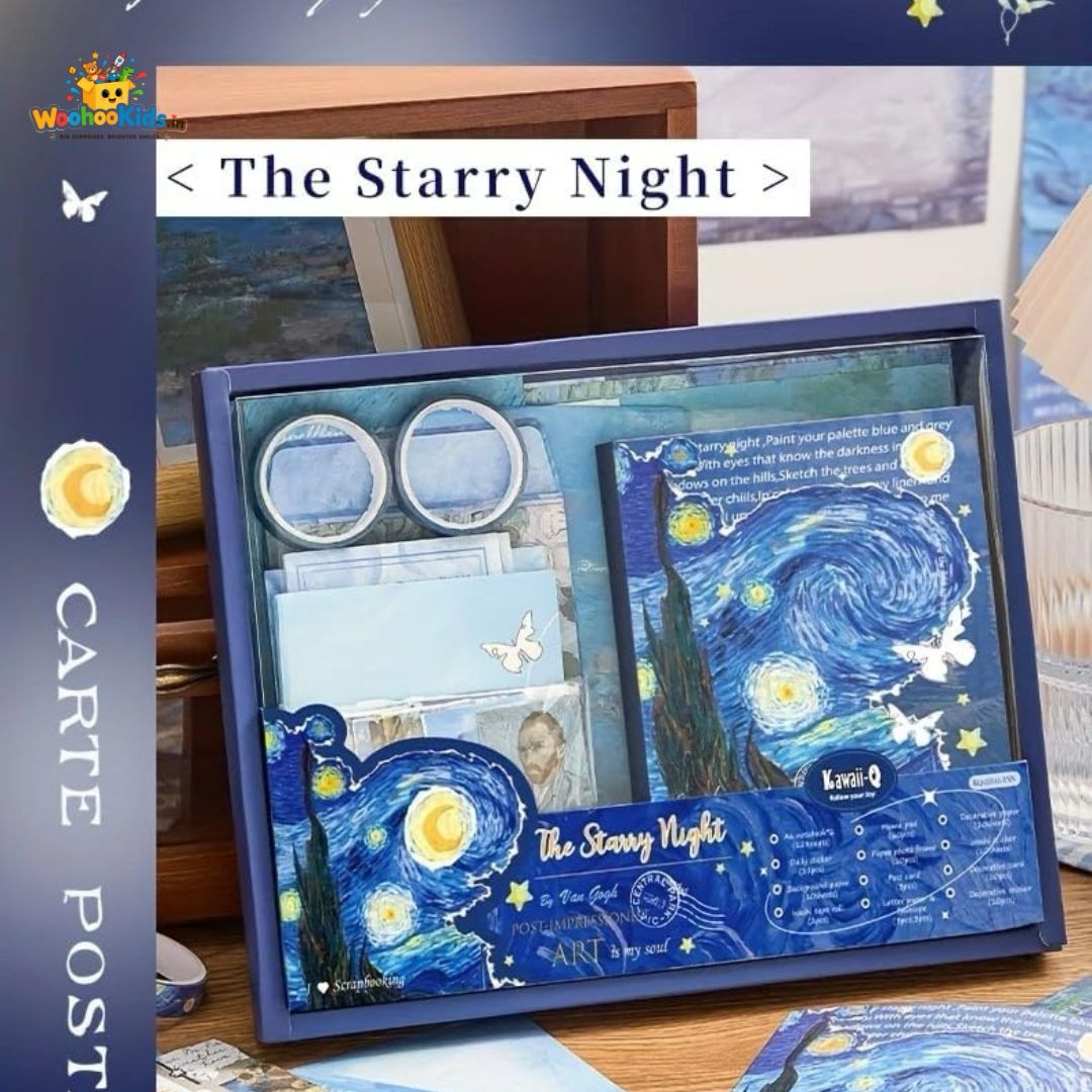 Starry Night Scrapbook Gift Kit (164 PCS) | Aesthetic DIY Journaling & Hand Letter Set with Notebook, Stickers & Washi Tape
