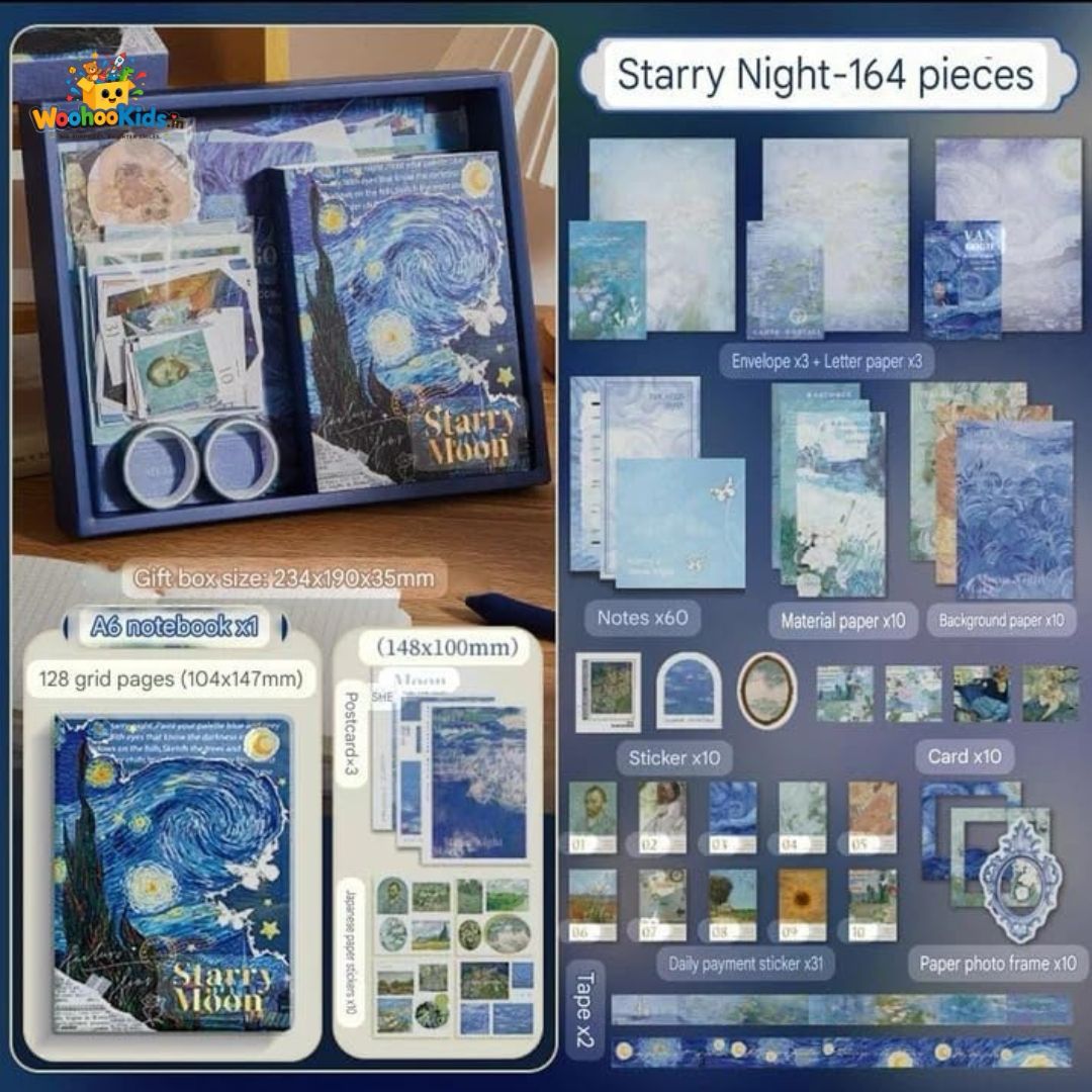 Starry Night Scrapbook Gift Kit (164 PCS) | Aesthetic DIY Journaling & Hand Letter Set with Notebook, Stickers & Washi Tape