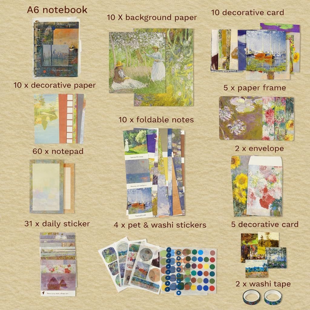 Aesthetic Scrapbook Gift Kit (154 PCS) | Monet & Van Gogh Art Theme DIY Journaling Set with Notebook, Stickers & Washi Tape