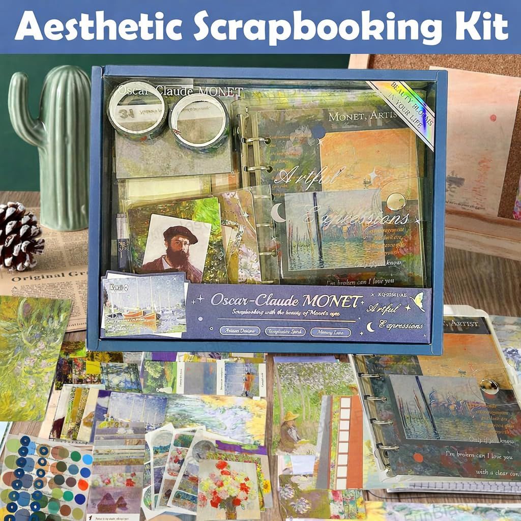 Aesthetic Scrapbook Gift Kit (154 PCS) | Monet & Van Gogh Art Theme DIY Journaling Set with Notebook, Stickers & Washi Tape