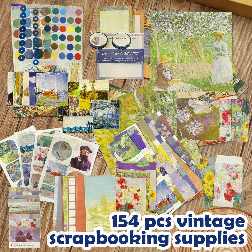 Aesthetic Scrapbook Gift Kit (154 PCS) | Monet & Van Gogh Art Theme DIY Journaling Set with Notebook, Stickers & Washi Tape