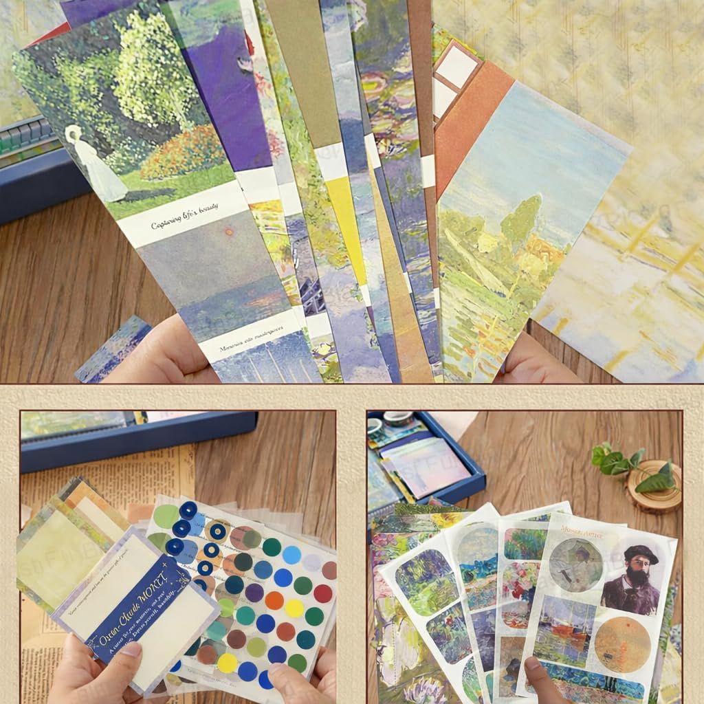 Aesthetic Scrapbook Gift Kit (154 PCS) | Monet & Van Gogh Art Theme DIY Journaling Set with Notebook, Stickers & Washi Tape