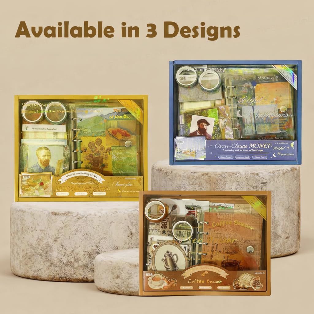 Aesthetic Scrapbook Gift Kit (154 PCS) | Monet & Van Gogh Art Theme DIY Journaling Set with Notebook, Stickers & Washi Tape