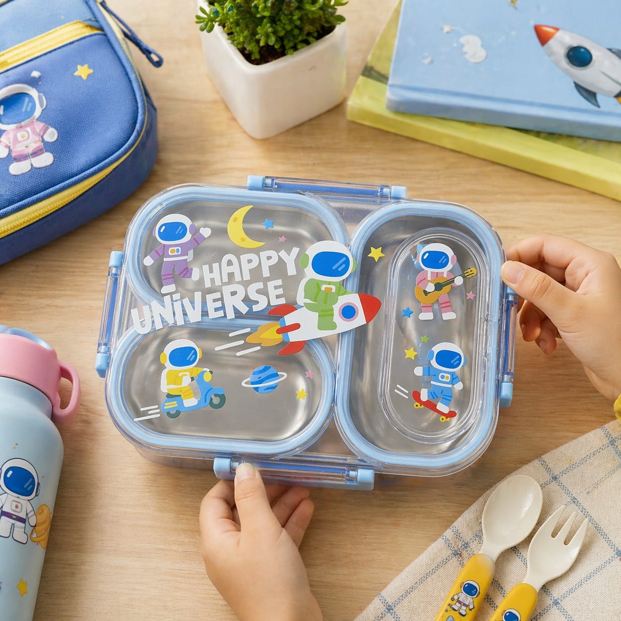 3 Compartment Kids Lunch Box | Leakproof Stainless Steel Bento Box with Cute Cartoon Design | School Tiffin Box for Kids