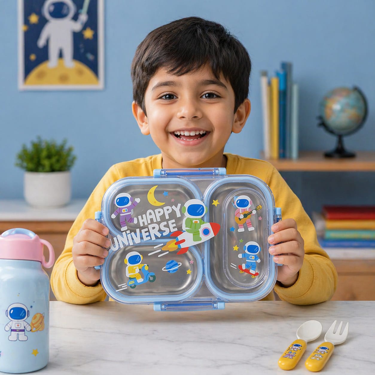 3 Compartment Kids Lunch Box | Leakproof Stainless Steel Bento Box with Cute Cartoon Design | School Tiffin Box for Kids