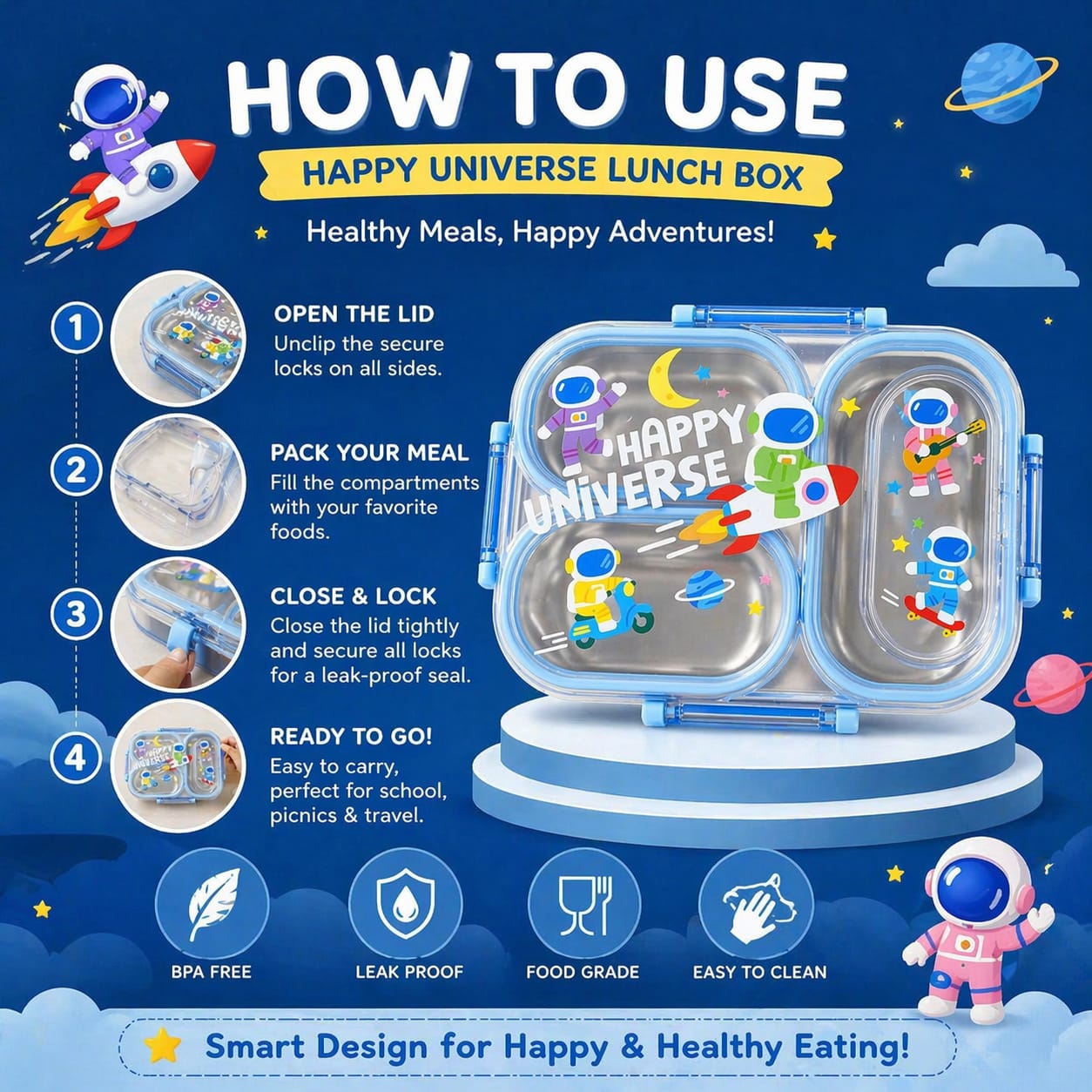 3 Compartment Kids Lunch Box | Leakproof Stainless Steel Bento Box with Cute Cartoon Design | School Tiffin Box for Kids