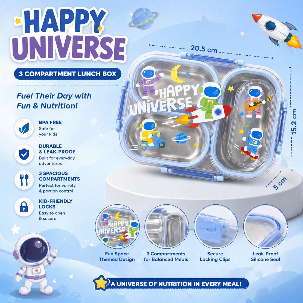 3 Compartment Kids Lunch Box | Leakproof Stainless Steel Bento Box with Cute Cartoon Design | School Tiffin Box for Kids