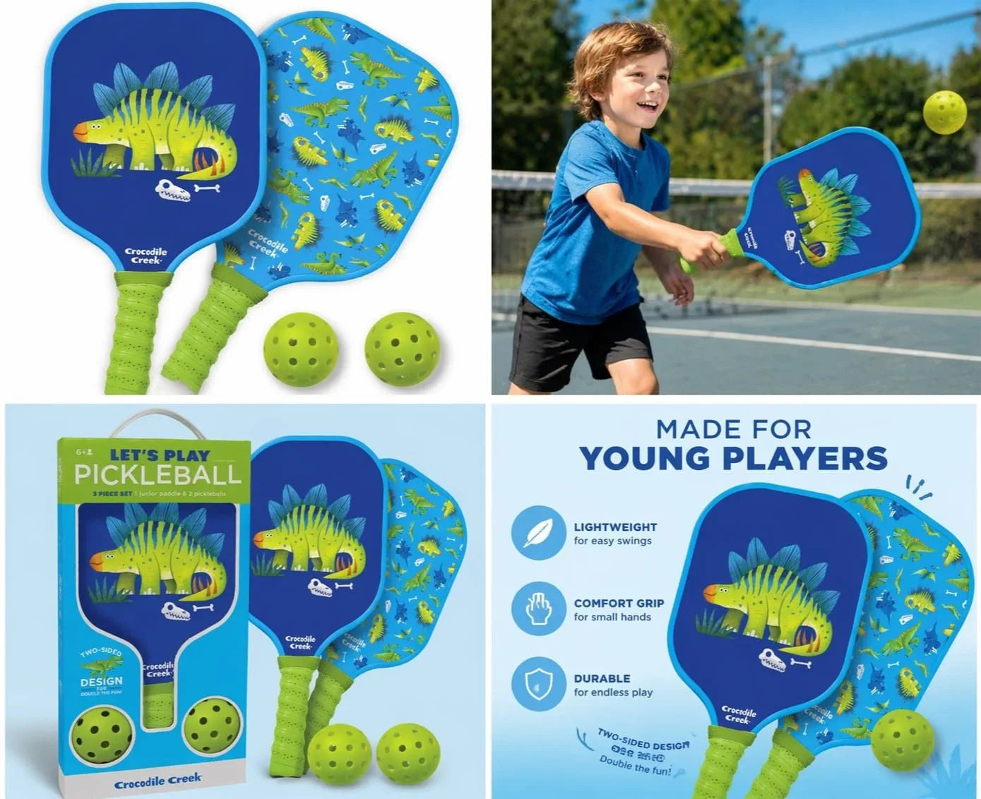 WoohooKids Kids Pickleball Set (6+ Years) – Dinosaur & Unicorn Paddle Options, Lightweight Easy Grip Racket with 2 Balls, Outdoor Sports Game for Boys & Girls