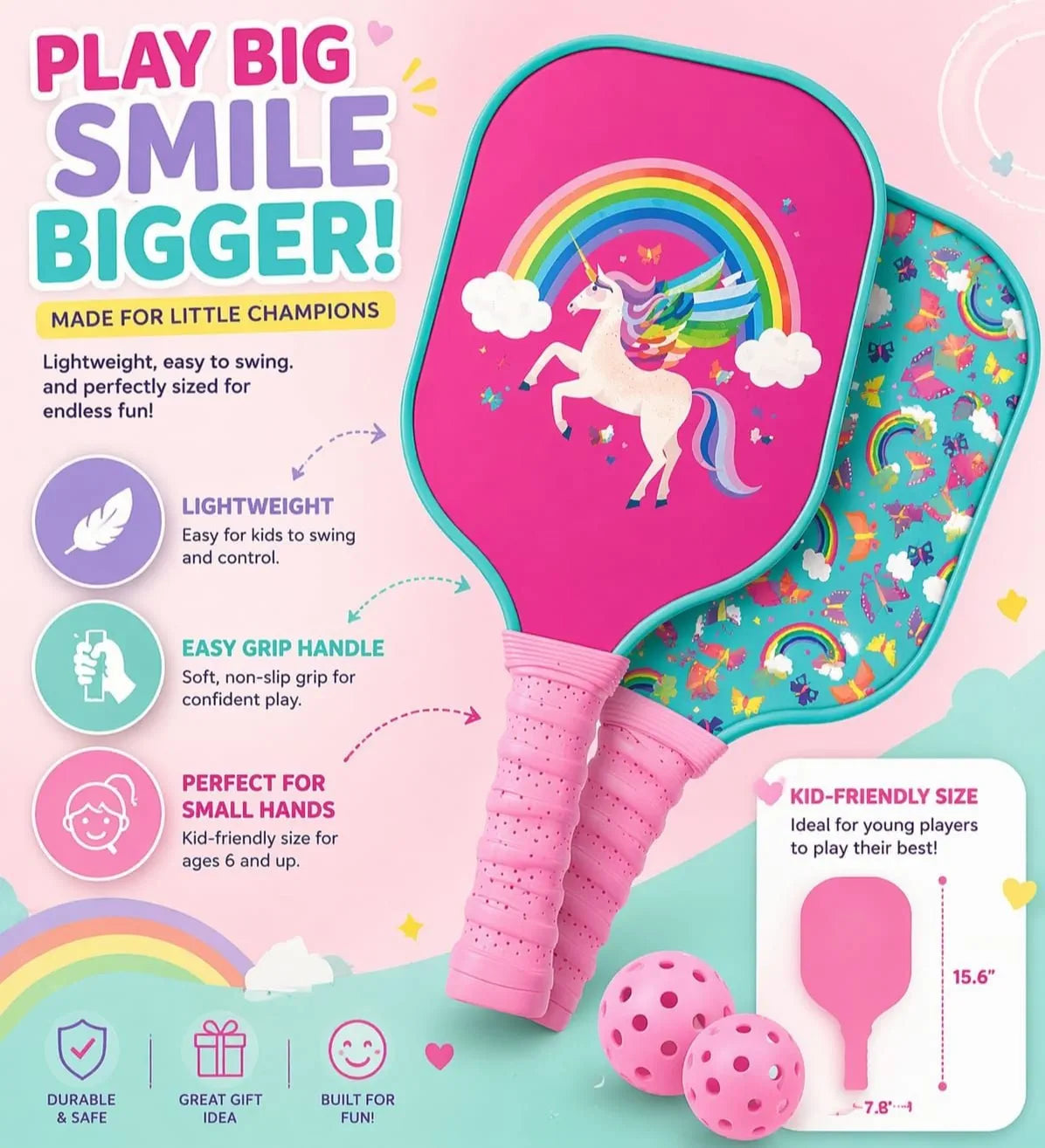 WoohooKids Kids Pickleball Set (6+ Years) – Dinosaur & Unicorn Paddle Options, Lightweight Easy Grip Racket with 2 Balls, Outdoor Sports Game for Boys & Girls